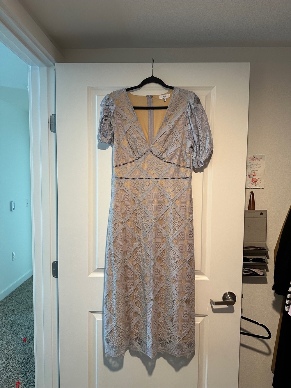 NSR Silver-Gray Lace Midi Dress with Puff Sleeves